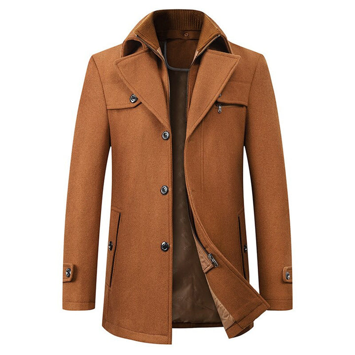 Brauner Herren-Wollmantel, elegant, warm, Winterjacke, Knöpfe, Reißverschluss, modisch.