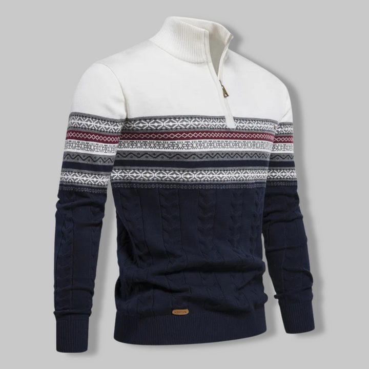 Herrenpullover mit Reißverschluss, Norwegermuster, blau-weiß, Strick, Wintermode.