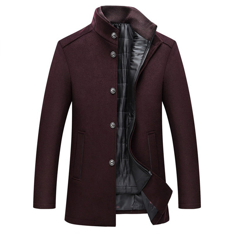 Dunkelbrauner Herrenmantel, winddicht, gestreift, Wolle, lange Jacke, elegantes Design.