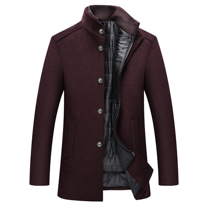 Dunkelbrauner Herrenmantel, winddicht, gestreift, Wolle, lange Jacke, elegantes Design.