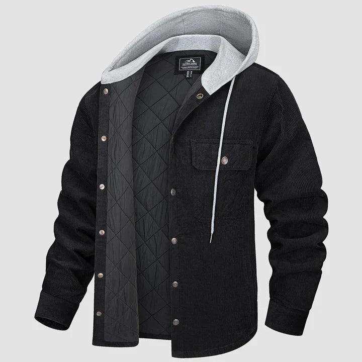 Schwarze Cordjacke mit Kapuze, Steppfutter, Knopfleiste, 5 Taschen, Herren Wintermantel.