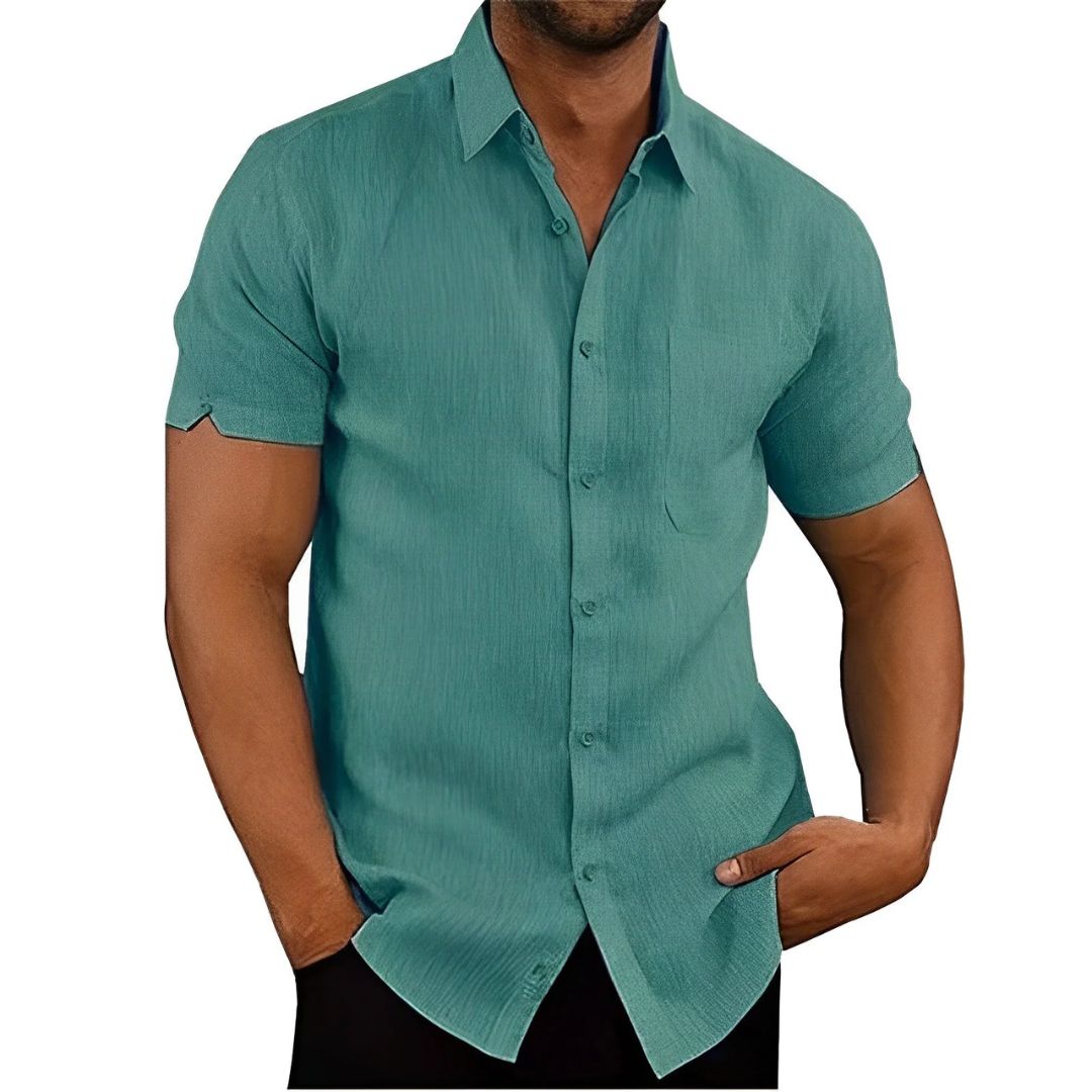 Herrenhemd kurzarm türkis, Leinenoptik, Sommermode, Freizeitkleidung, eleganter Stil