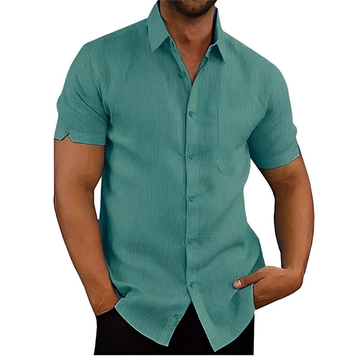 Herrenhemd kurzarm türkis, Leinenoptik, Sommermode, Freizeitkleidung, eleganter Stil