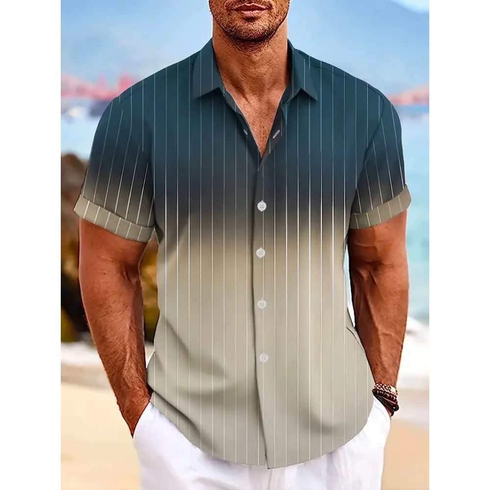Herrenhemd, kurzarm, gestreift, blau-beige, Strandmode, Sommer, Freizeitlook.