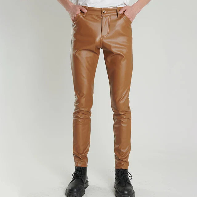 Braune Herren-Lederhose, Skinny Fit, elastisch, modisch, PU-Leder, ideal für Punk-Cosplay.