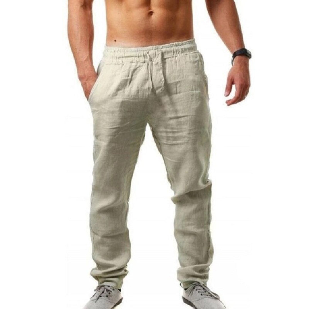 Herren Sommer Leinenhose, beige, elastischer Bund, lässig, atmungsaktiv, bequem.