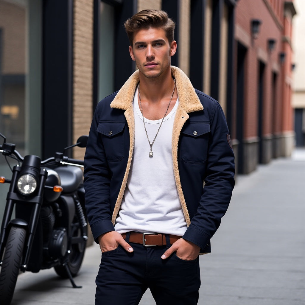 Mann in schwarzer Jacke mit Fellkragen, weißem T-Shirt, vor Motorrad in urbaner Umgebung.