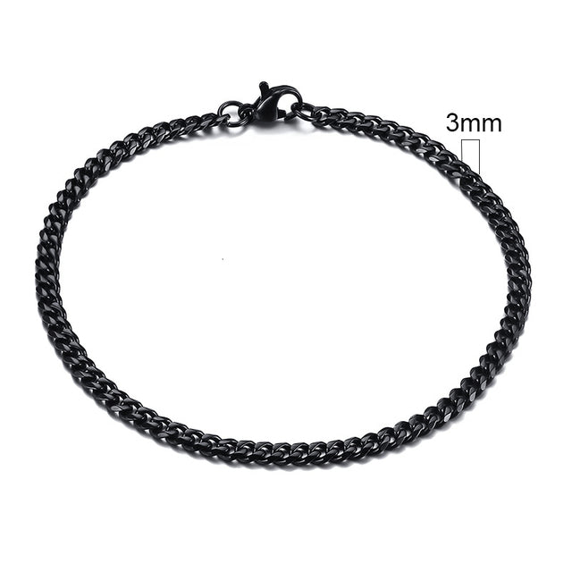 Schwarzes Edelstahlarmband, 3mm, kubanische Gliederkette, Herren, modisch, robust.