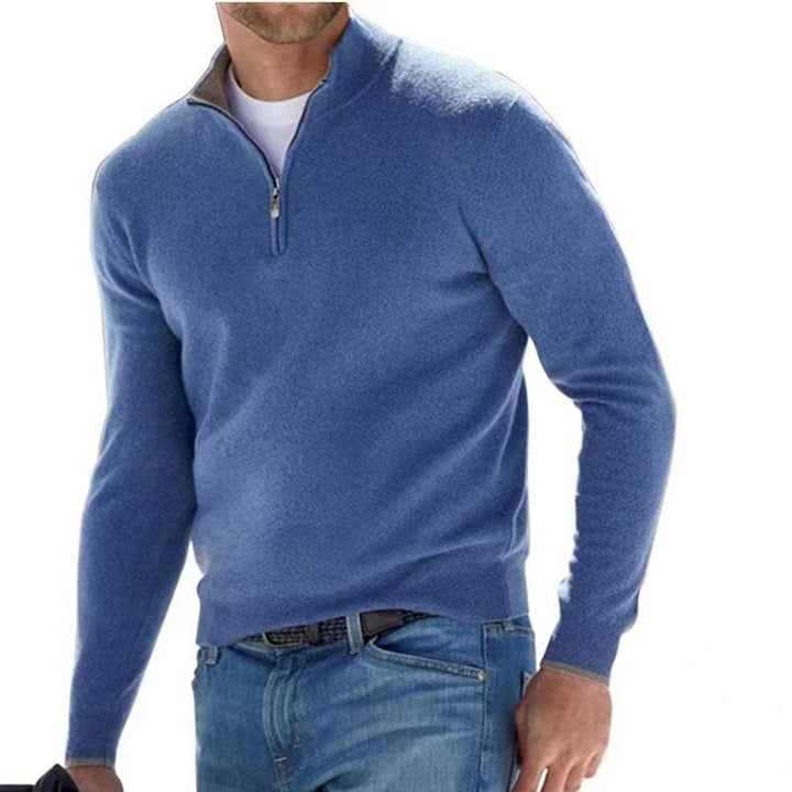 Blauer Herren-Kaschmirpullover mit Reißverschluss, elegantes Design, weiches Material.