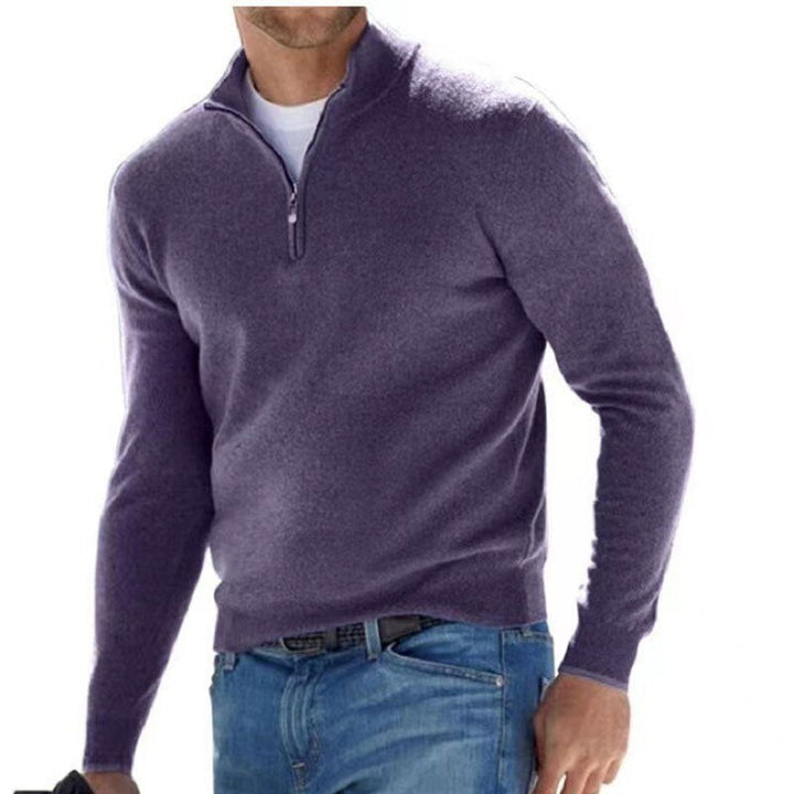 Lila Herrenpullover aus Kaschmir mit Reißverschluss, elegantes Design, weiches Material.