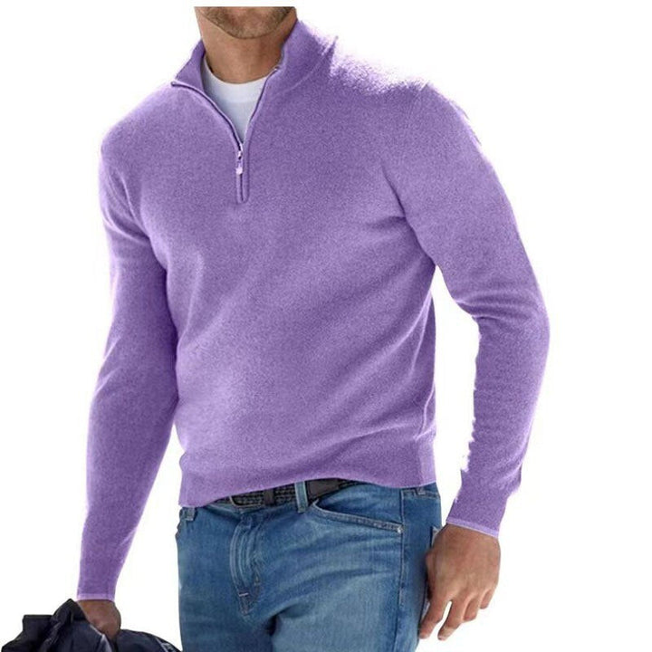 Lila Herrenpullover aus Kaschmir mit Reißverschluss, elegantes Design, weiches Material.