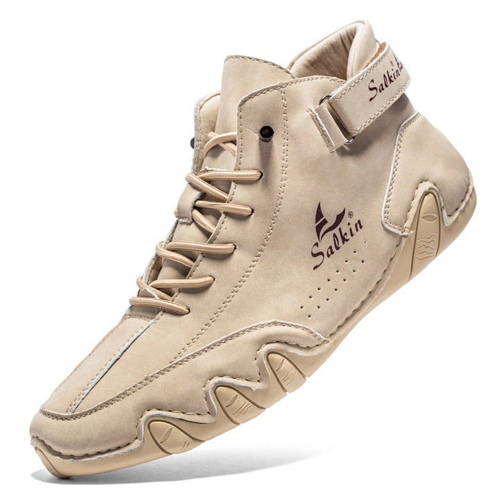 Beiger Leder-Sneaker, knöchelhoch, mit Schnürung und Klettverschluss, Marke Saikix.