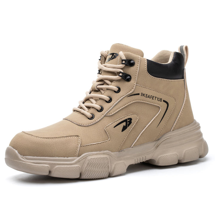 Beige Sicherheitsschuh, knöchelhoch, rutschfest, robustes Design, ideal für Bauarbeiten.