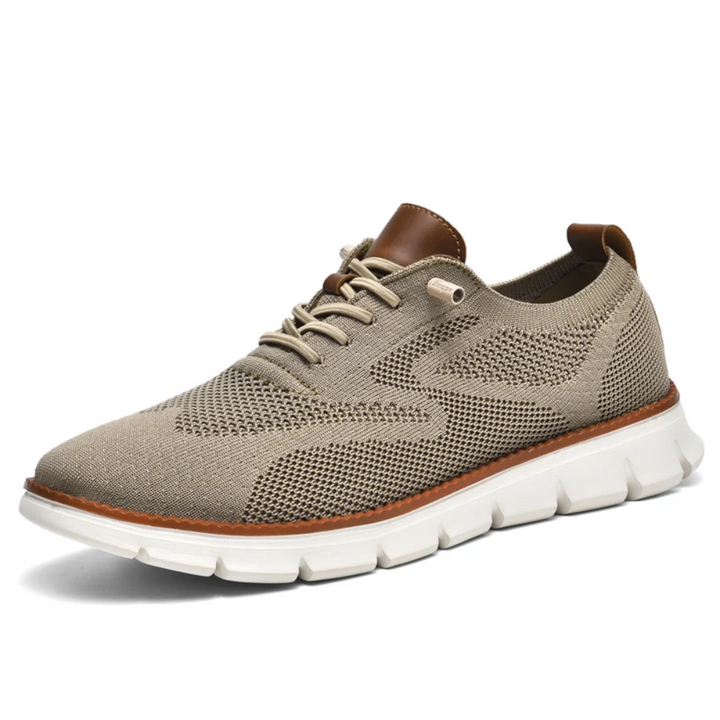 Beiger Herren-Sneaker, atmungsaktives Mesh, weiße Sohle, modischer Freizeitschuh.