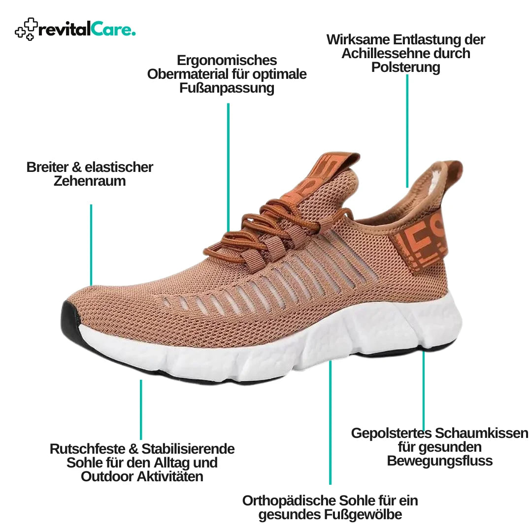 Brauner Sportschuh mit breiter Zehenraum, ergonomischem Obermaterial, gepolsterter Sohle.
