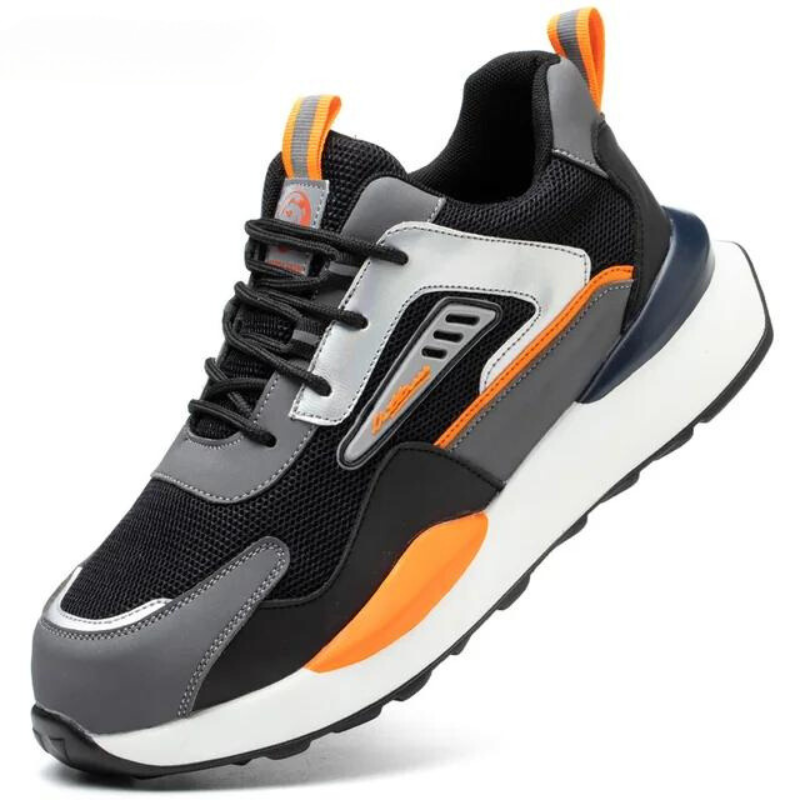 Grauer und schwarzer Sneaker mit orangefarbenen Akzenten, atmungsaktives Mesh, sportliches Design.