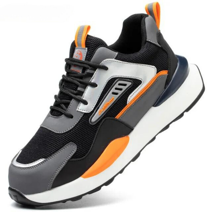 Grauer und schwarzer Sneaker mit orangefarbenen Akzenten, atmungsaktives Mesh, sportliches Design.