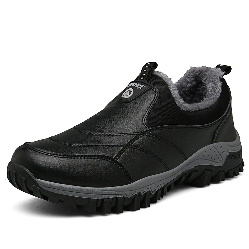 Schwarzer Herren-Winterschuh, rutschfest, gefüttert, Outdoor, wasserdicht, Lederoptik.
