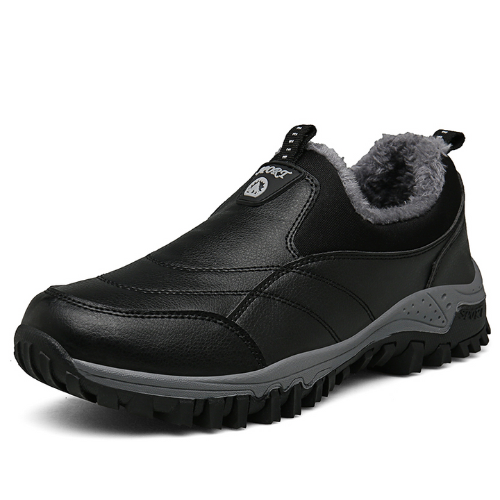 Schwarzer Herren-Winterschuh, rutschfest, gefüttert, Outdoor, wasserdicht, Lederoptik.