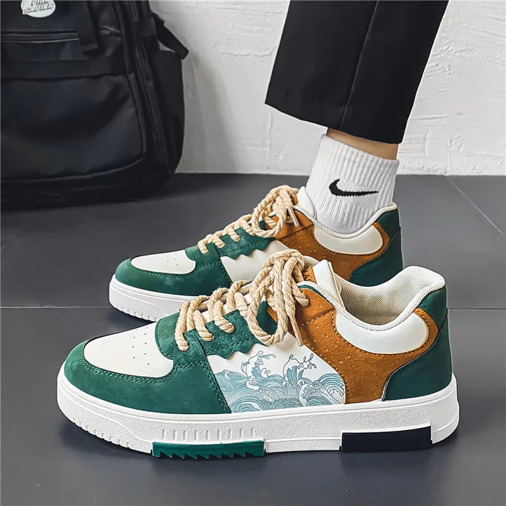 Grüne und braune Herren-Sneaker, atmungsaktiv, lässig, trendig, mit Wellenmuster.