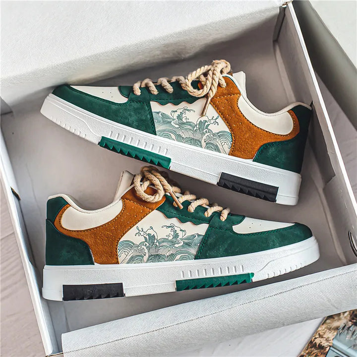 Grüne und weiße Herrenschuhe, atmungsaktiv, lässig, mit Wellenmuster, in Schuhkarton.