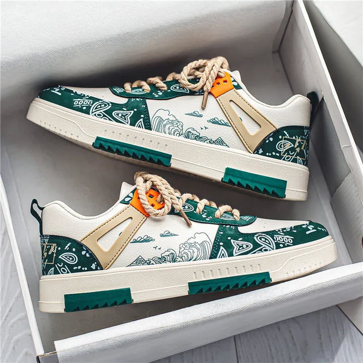 Weiße und grüne Sneaker, atmungsaktiv, modisch, vielseitig, Herren-Freizeitschuhe.