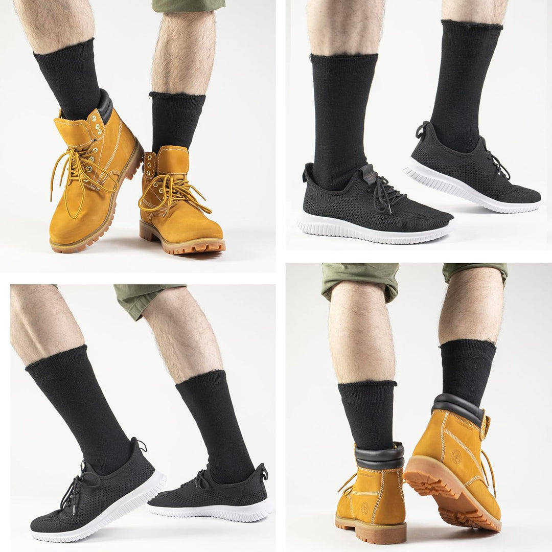 Vier Paar Herrenstiefel und -sneaker, schwarz und gelb, mit schwarzen Socken, auf weißem Hintergrund.