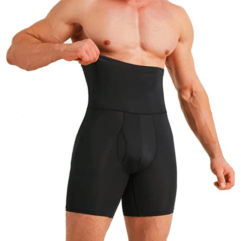 Schwarze Herren-Kompressionsshorts, hohe Taille, nahtlos, formend, Fitnessbekleidung.