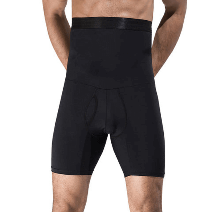 Schwarze Herren-Kompressionsshorts, hohe Taille, atmungsaktiv, formend, Sportbekleidung.