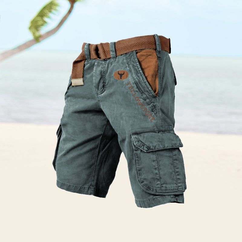 Cargo-Shorts Herren, grün, Baumwolle, Strand, Freizeitmode, mit Gürtel, Head of Stone-Logo.