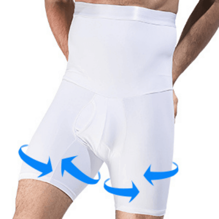 Weiße Herren-Kompressionsshorts mit hoher Taille, atmungsaktiv, formend, elastisch.