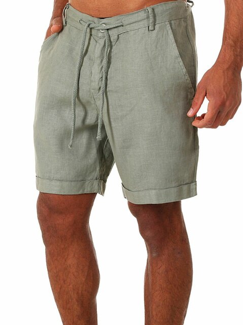 Grüne Herren-Shorts aus Leinen, lässig, Sommermode, mit Kordelzug, ideal für Strand.