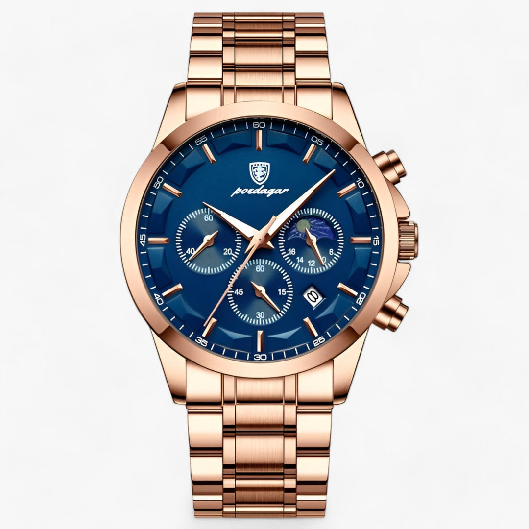 Luxus Herrenarmbanduhr, roségold, blaues Zifferblatt, Chronograph, Edelstahl, elegant, modisch
