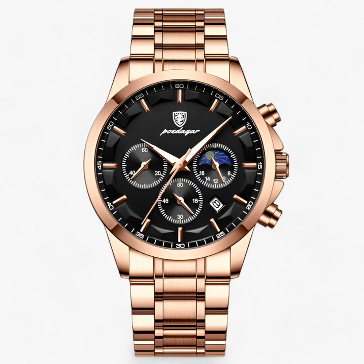 Luxus Herrenuhr aus Roségold mit schwarzem Zifferblatt, Chronograph und Edelstahlarmband.