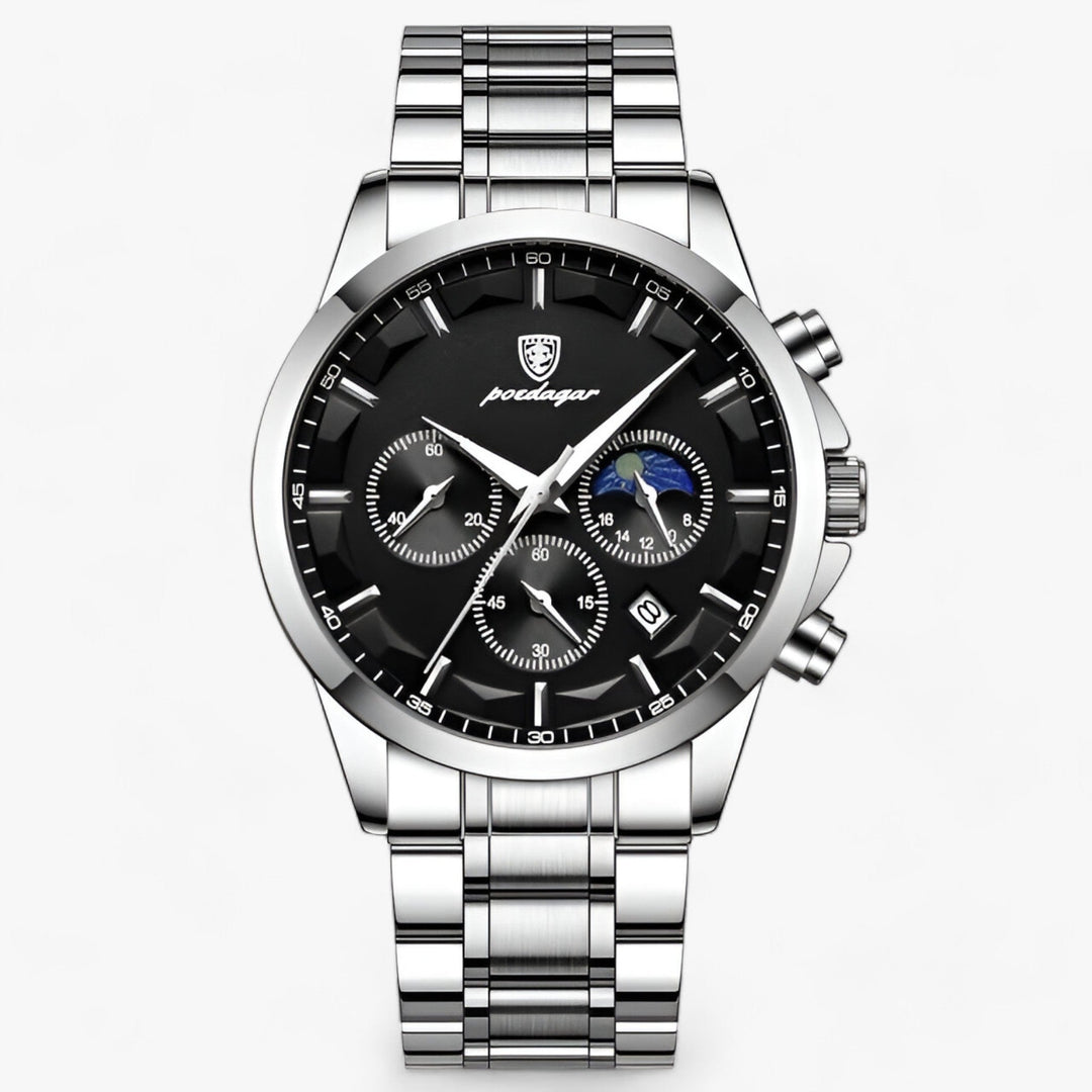 Silberne Herrenuhr mit schwarzem Zifferblatt, Chronograph, Edelstahlarmband, Mondphasenanzeige.