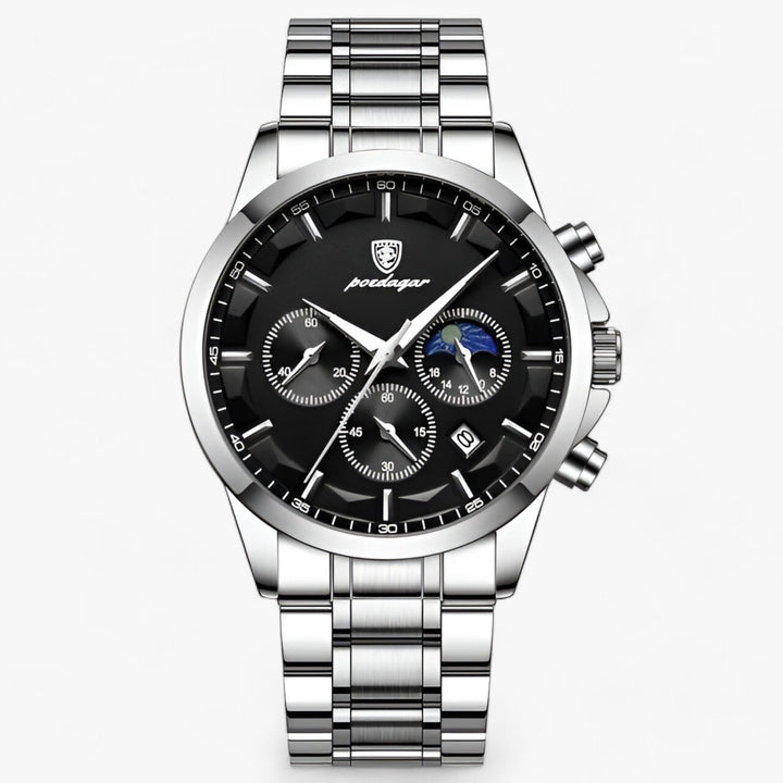 Silberne Herrenuhr mit schwarzem Zifferblatt, Chronograph, Edelstahlarmband, Mondphasenanzeige.