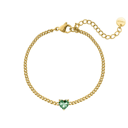 Goldenes Armband mit herzförmigem grünen Geburtsstein, Damen-Schmuck, verstellbar.