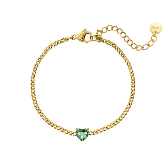 Goldenes Armband mit herzförmigem grünen Geburtsstein, Damen-Schmuck, verstellbar.