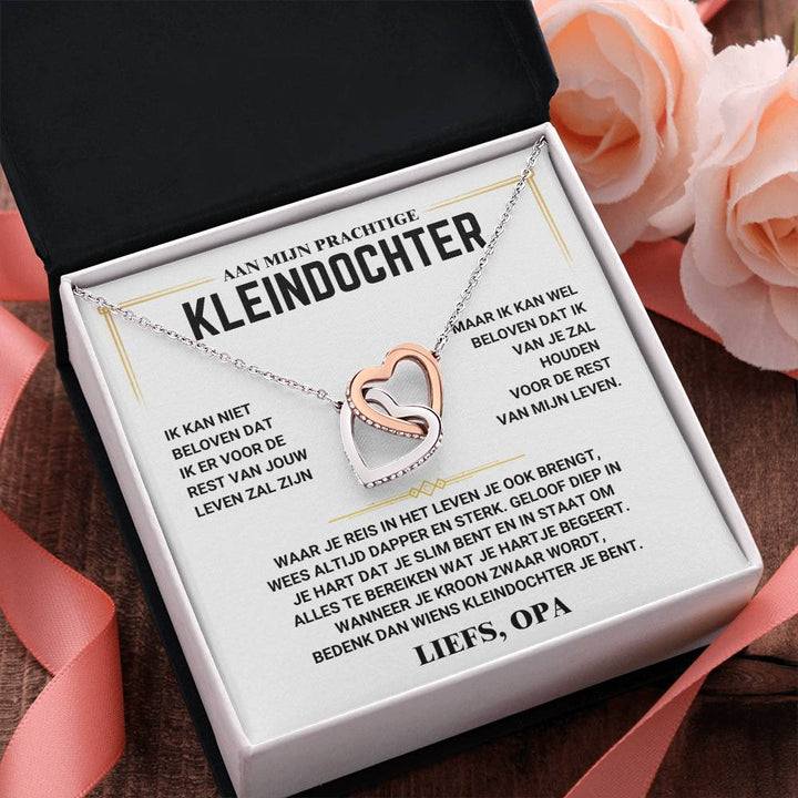 Zweifarbige Herz-Halskette in Geschenkbox mit niederländischem Text, ideal als Geschenk für Enkelin.
