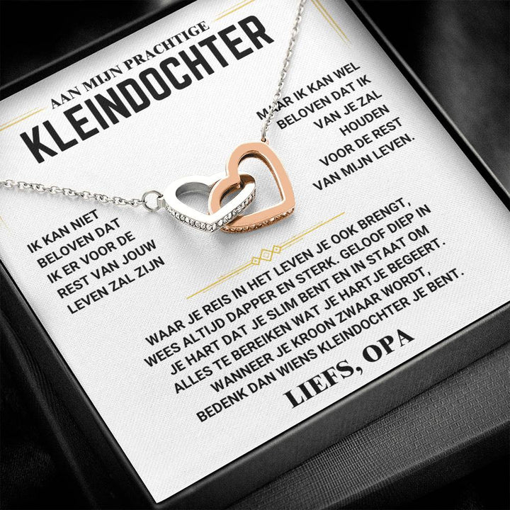 Zweifarbige Herz-Halskette in Geschenkbox mit niederländischem Text, ideal als Geschenk für Enkelin.