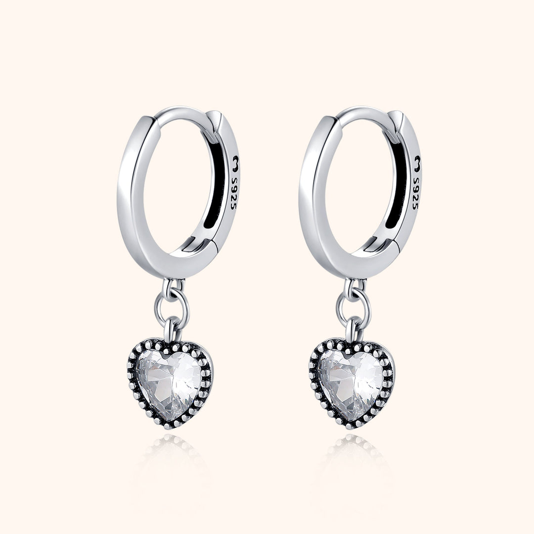 Silberne Creolen mit herzförmigem Kristallanhänger, 925 Sterling Silber Ohrringe.