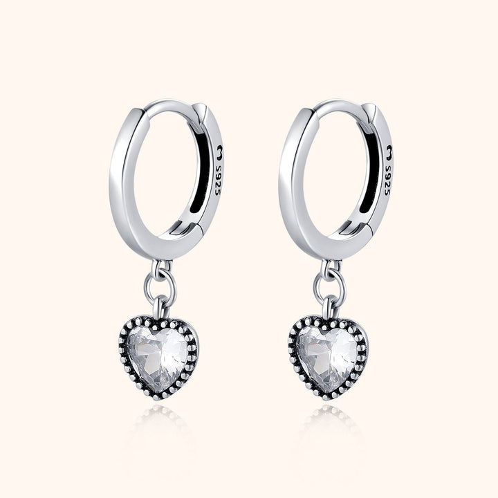 Silberne Creolen mit herzförmigem Kristallanhänger, 925 Sterling Silber Ohrringe.