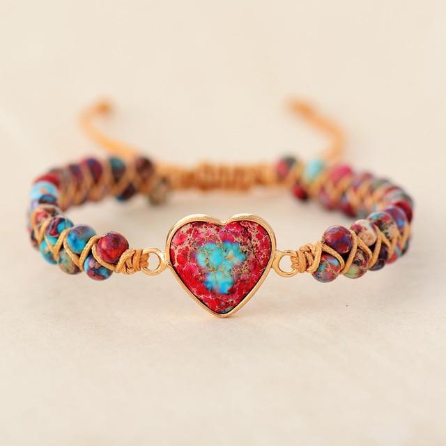 Herzarmband mit roten und blauen Steinen, handgefertigt, verstellbar, Boho-Stil, Damen-Schmuck