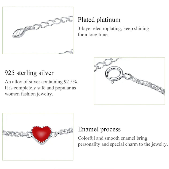 Silberarmband mit rotem Herzanhänger, plattiertem Platin, Emaille-Verfahren, Damenmode-Schmuck.