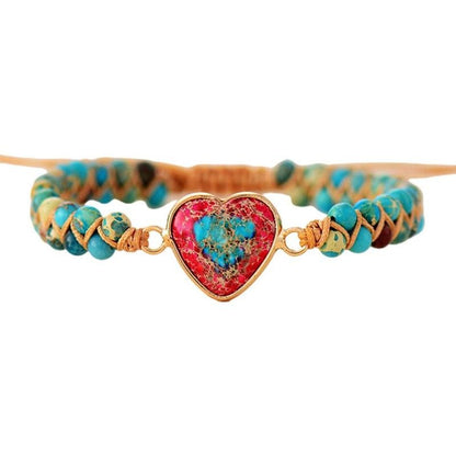 Armband mit Herzanhänger, türkis-rote Steine, handgefertigt, Boho-Stil, Damen-Schmuck.
