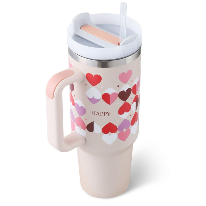 Rosa Thermobecher mit Herzmotiv, Edelstahl, Trinkhalm, "Happy" Aufschrift, 710 ml.