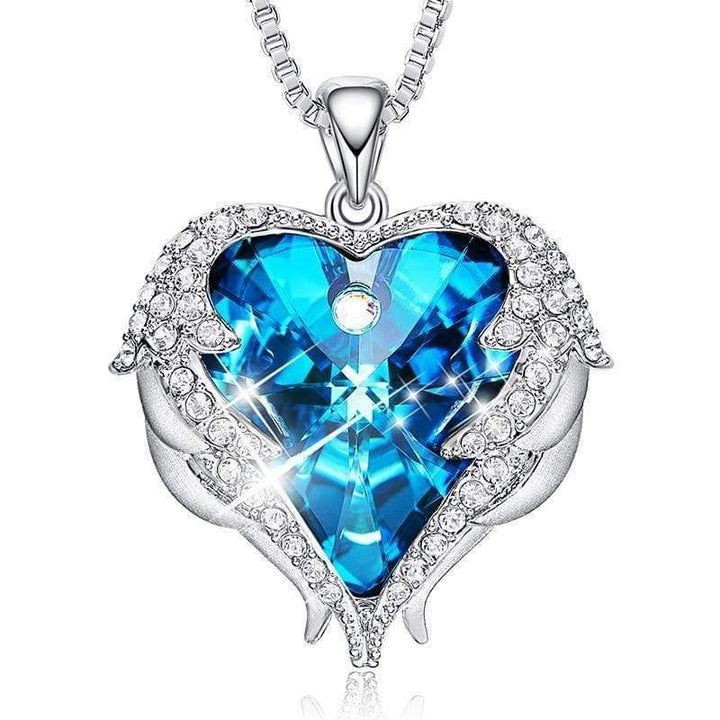 Blaue Herzflügel-Halskette, Engel-Design, Silber, Kristall, Damen-Schmuck, Geschenkidee.