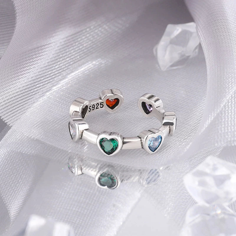 Silberner Herzring mit bunten Edelsteinen, 925 Sterling Silber, Damen Schmuck, Geschenkidee.