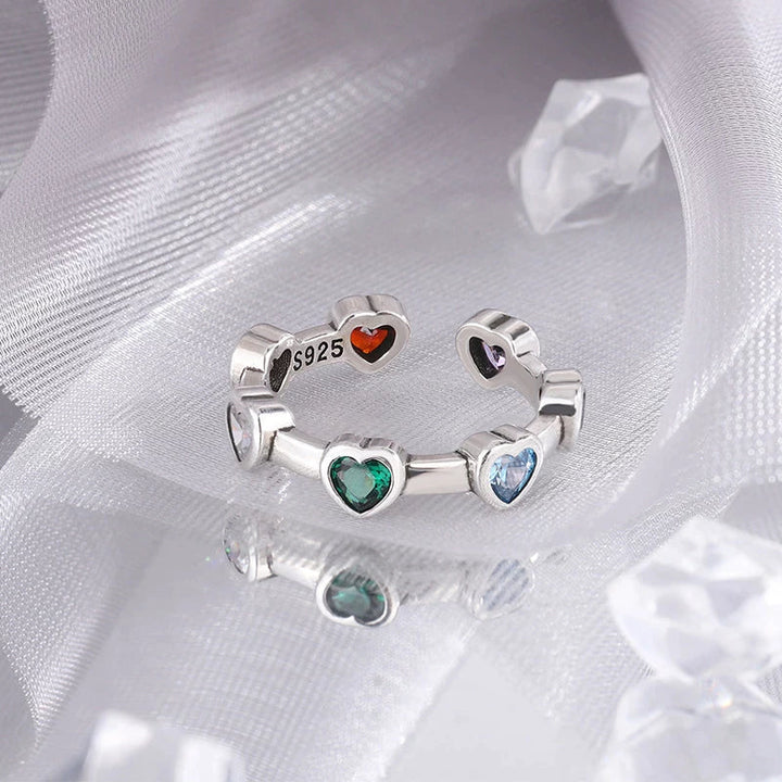 Silberner Herzring mit bunten Edelsteinen, 925 Sterling Silber, Damen Schmuck, Geschenkidee.