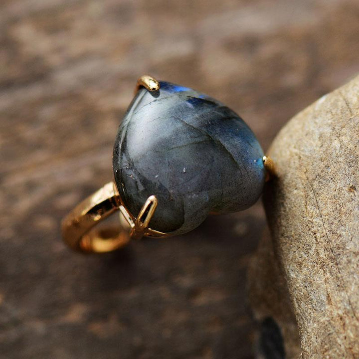 Herzförmiger Labradorit-Ring, verstellbar, Goldfassung, Schmuck für Hochzeit und Party.